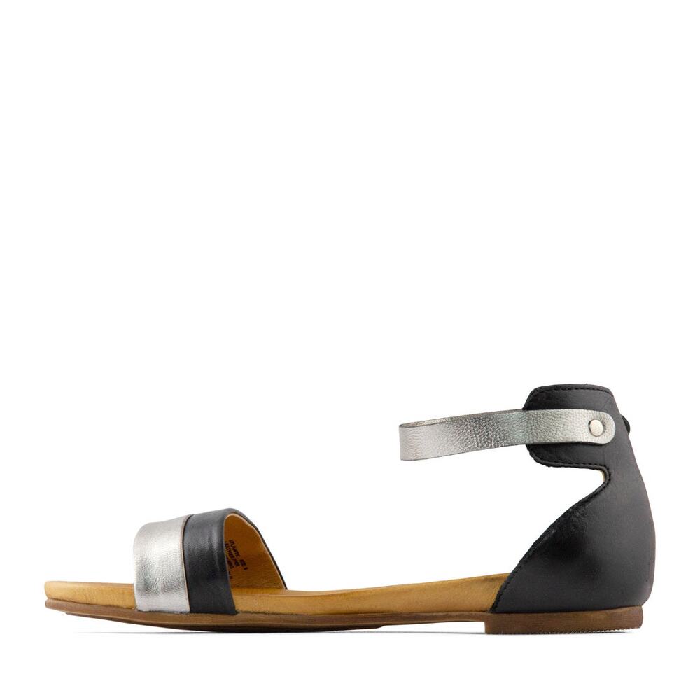 Miz Mooz 40 Atlantic Black Silver Metallic Leather Ankle Strap Flat Sandal 9 new - Picture 2 of 9